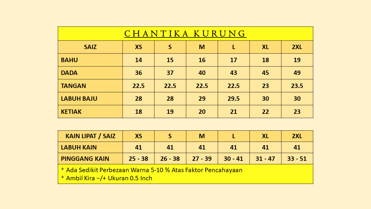 Ukuran Chantika Kurung